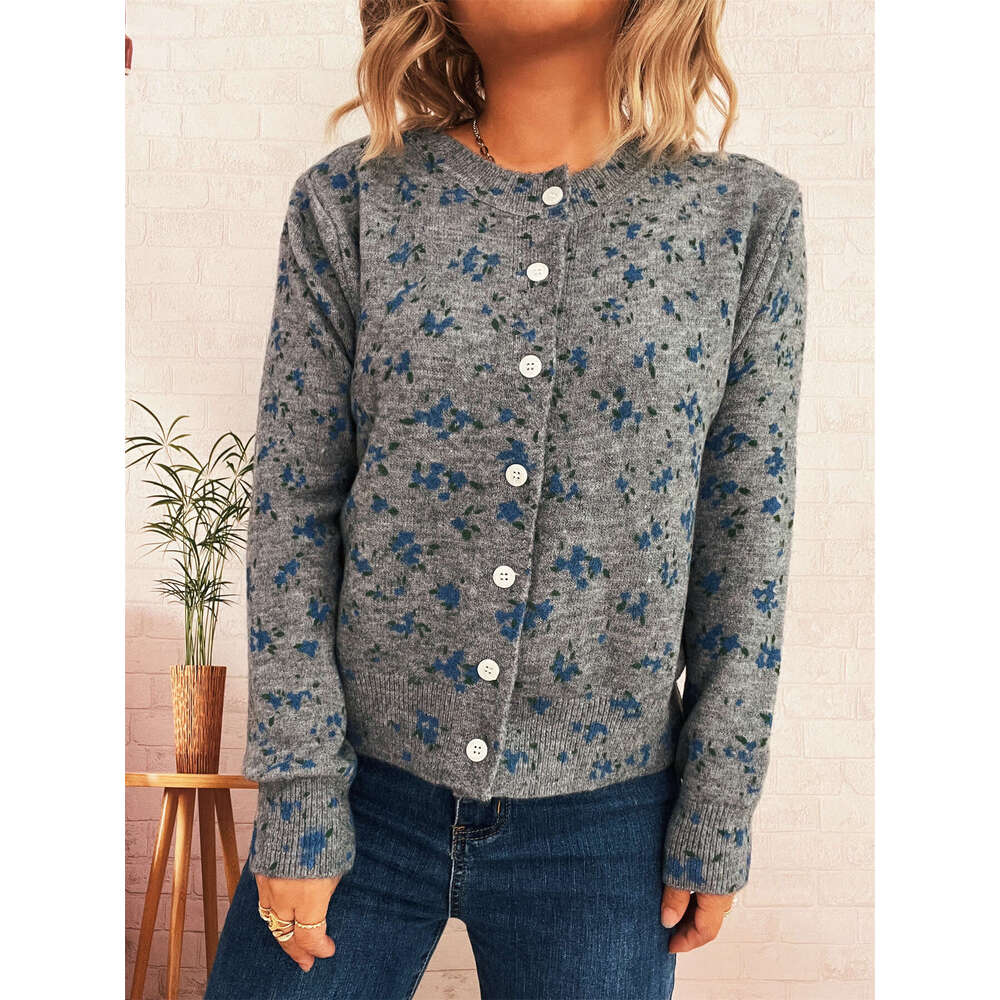 Autumn and Winter New Simple Floral Print Knitted Cardigan Commuter Round Neck Long Sleeve Jacket for Women