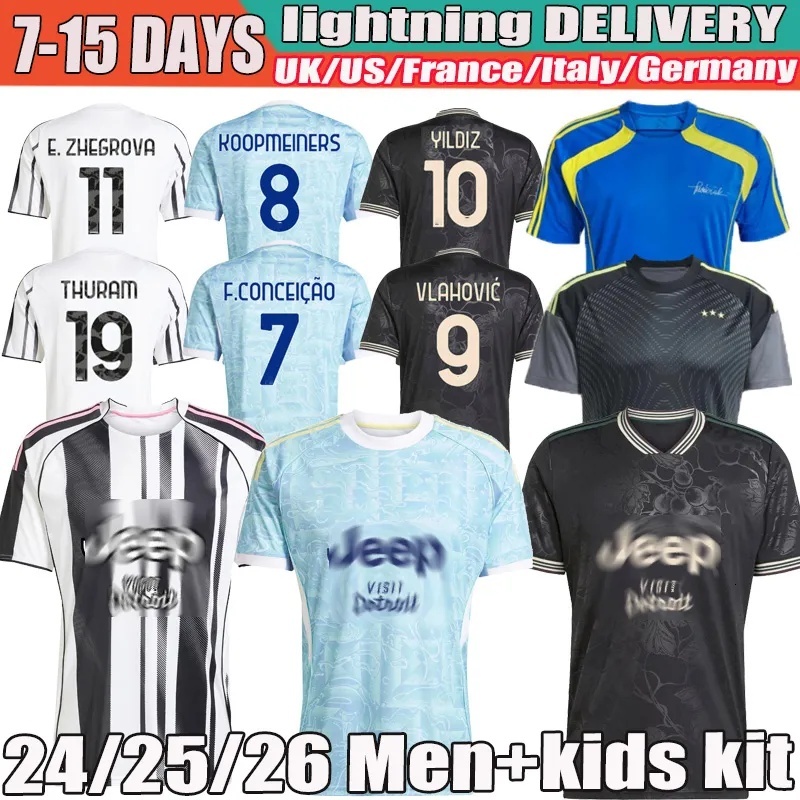 Juve 25 26 Soccer Jerseys Fans Player Home Away Yildiz Vlahovic F.CONCEICAO DOUGLAS LUIZ Thuram N.GONZALEZ Gatti Kalulu 2025 Football Shirt Men Kids kit Kits Unifor