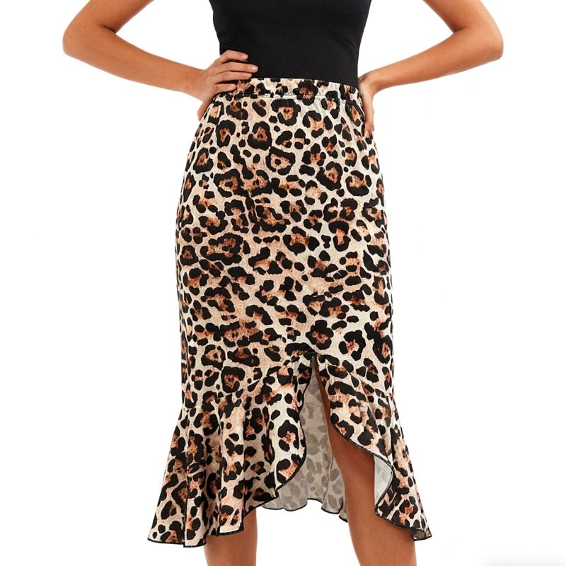 Women's Leopard Print Elastic Waist Midi Skirt - French Style Ruffled Hem Vacation Skirt-CF50621