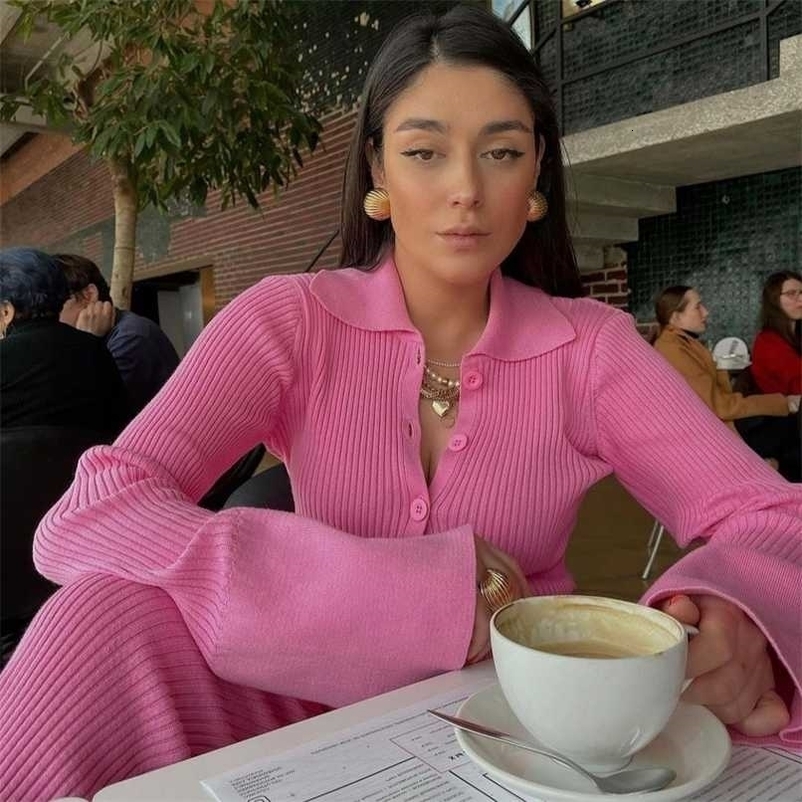 Sweater Solid Color Suits Women Matching Sets Oversize Fleece Pants Roll Collar Knitted Top Flare sleeve Spring Summer 211218wtt