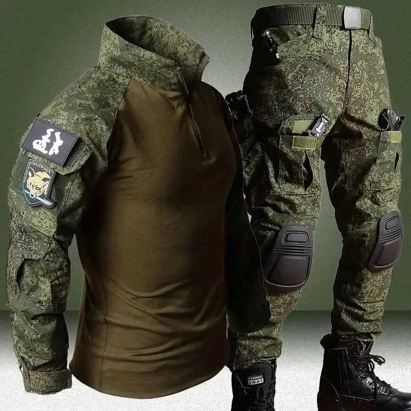 Outdoor RU Camo Tactical Sets Breathable T ShirtsMultipocket Straight Cargo Pants Men Suit Hunting Training Shirt Combat Set W250928