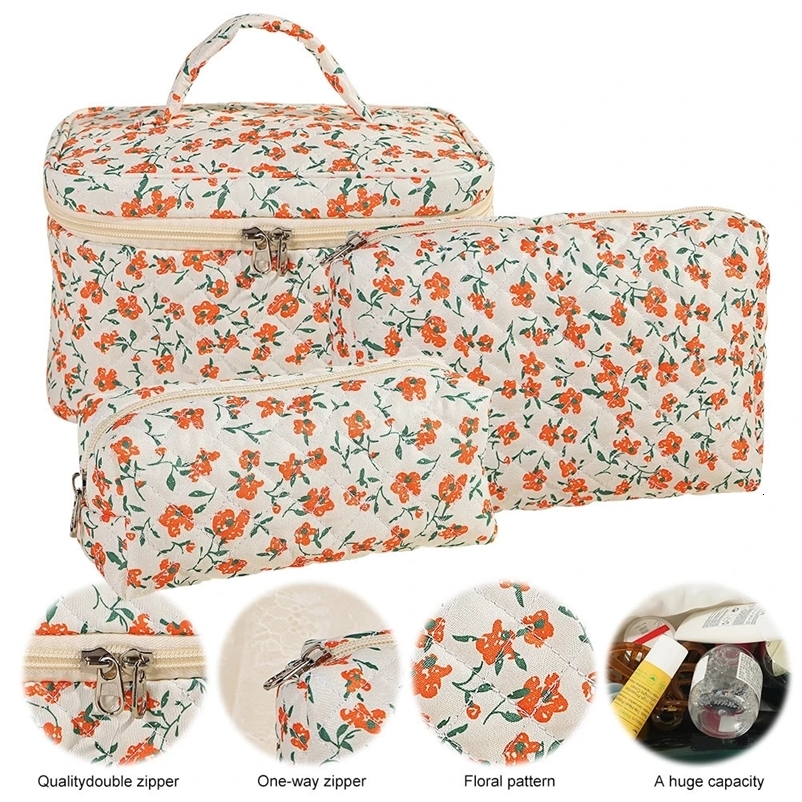 3Pcs Makeup Bag Cute Floral Cotton Toiletry Organizer Bag Zipper Travel Cosmetic Bag for Women Girls250114bj