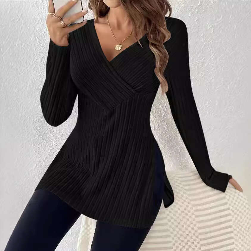 Women's Clothing Autumn Winter New Long Sleeve Solid Color V-Neck Casual Home Ribbed Top