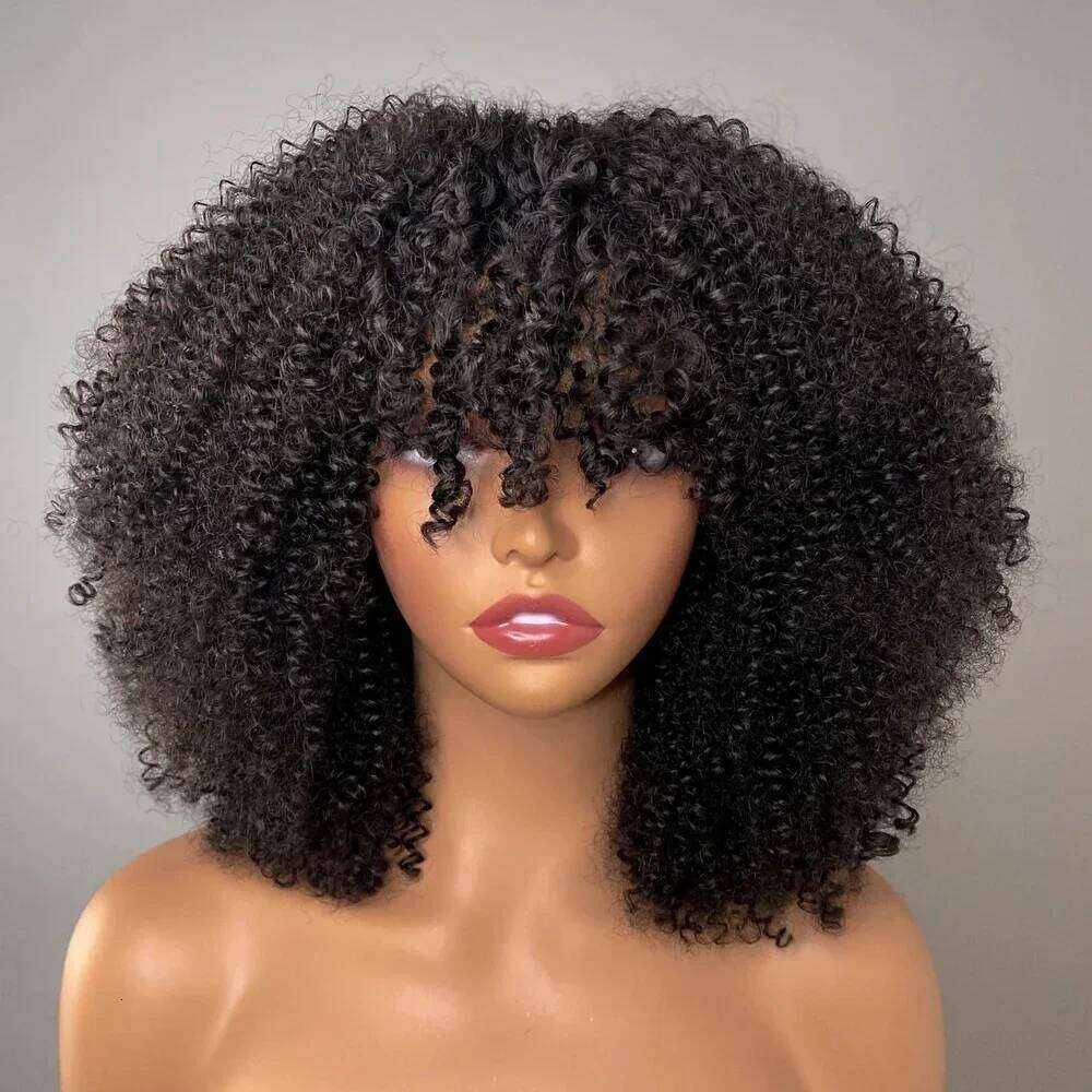 Kinky With Bangs 200% Density Brazilian Remy Human Hair Full Hine Made Short Afro Curly Wigs For Women Xiusiyuan2509