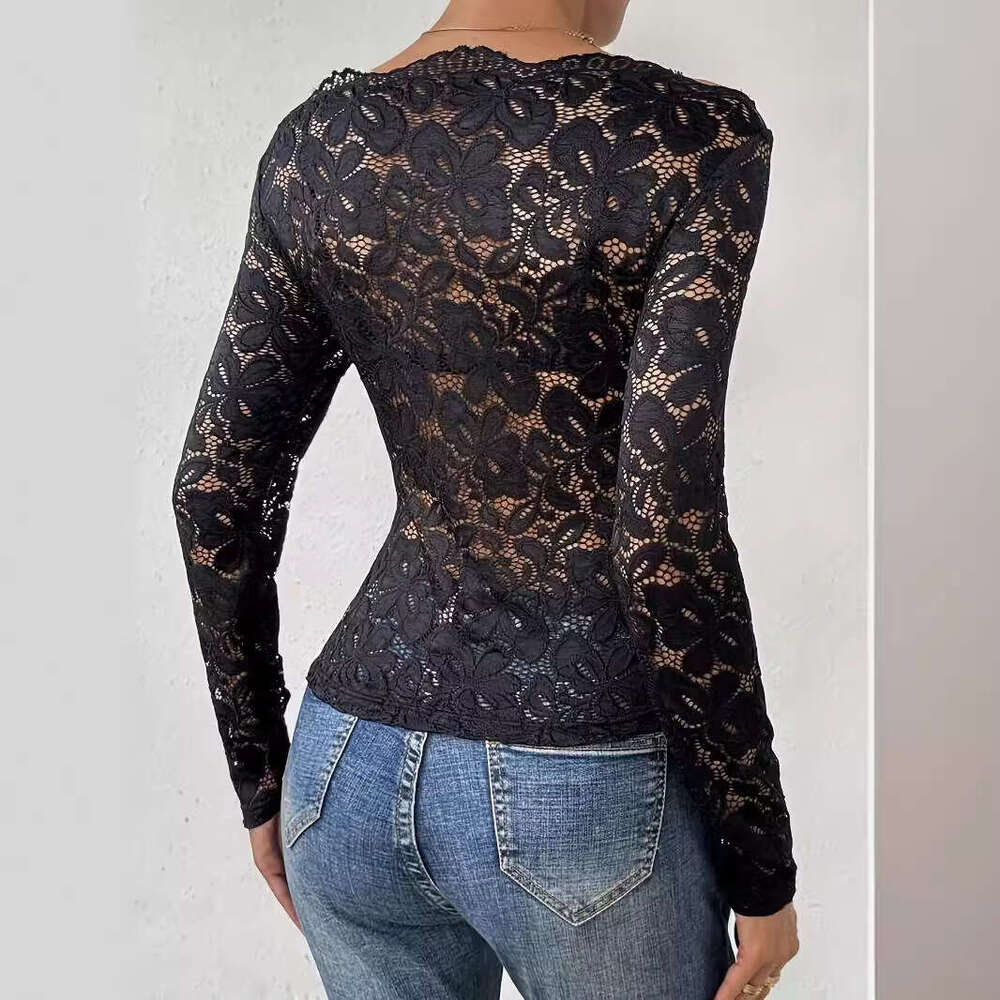 2025 New Fan-shaped Collar Off-shoulder Single-layer Lace Slim Fit Long Sleeve T-shirt Top