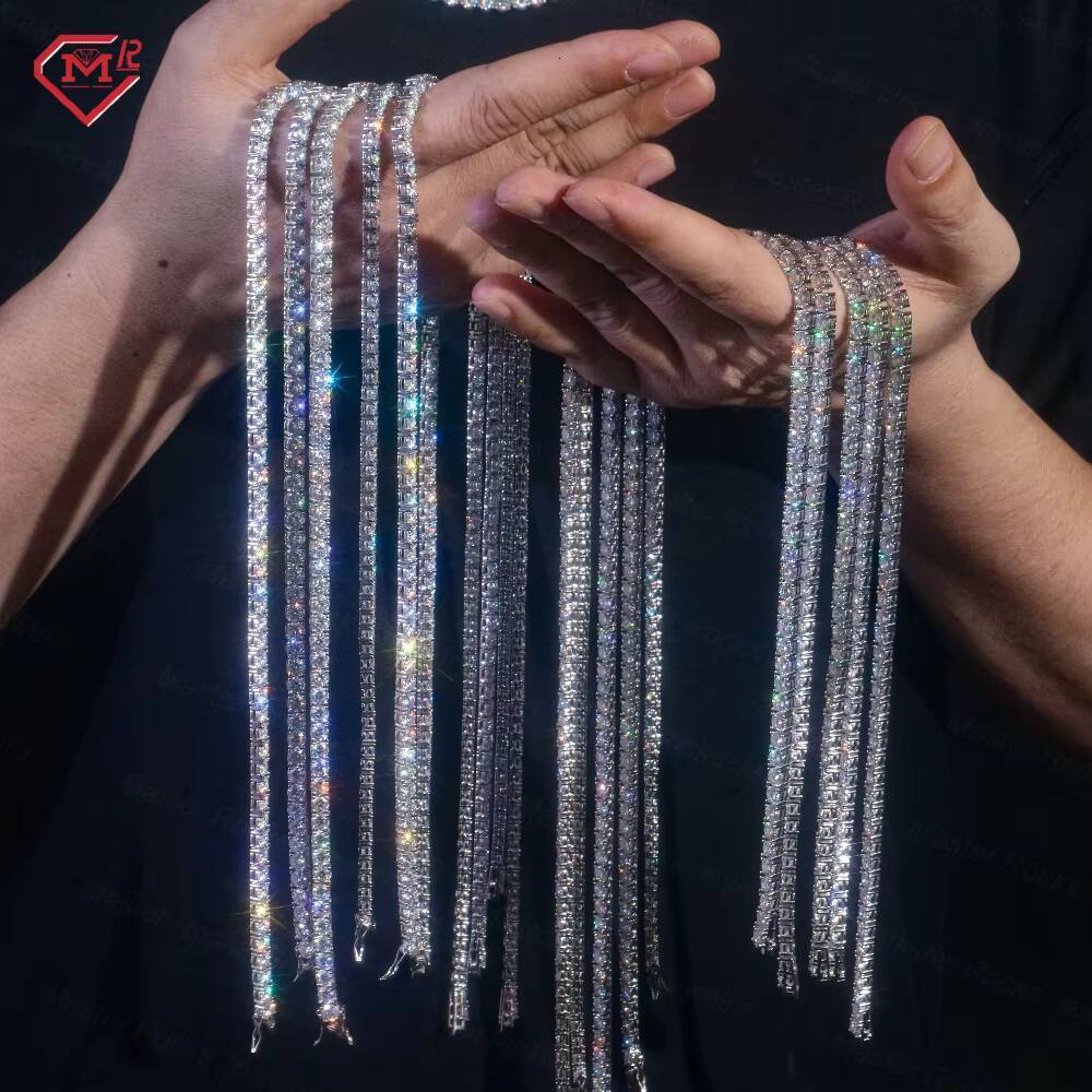 2mm VVS Iced Out Moissanite Chain Tennis Necklaces 925 Sterling Silver Moissanite Tennis Chain