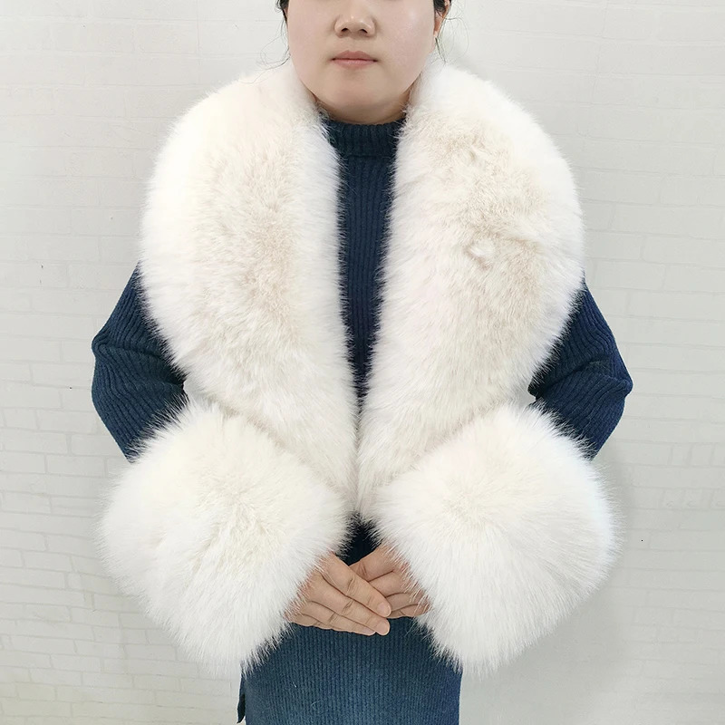 Large Winter Faux Fox Fur Scarf Women Jackets Warm Fluffy Shawl Fashion Artificial Fur Collar And Cuff Set Fluffy Scarves Female 250928