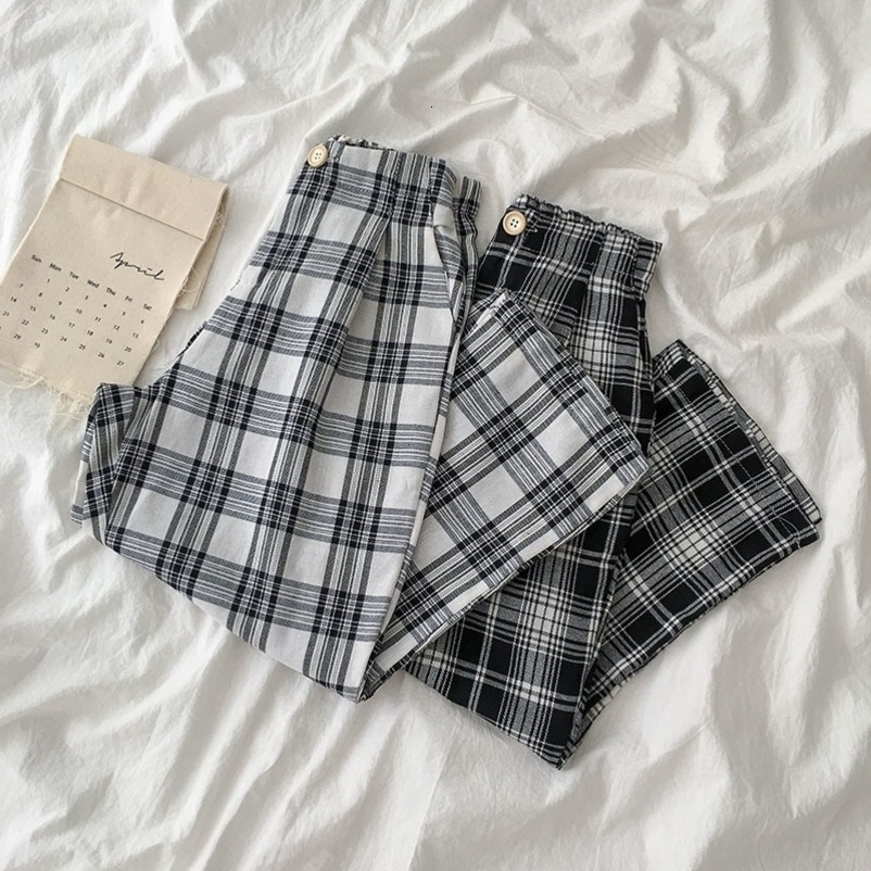 HOUZHOU Style Leg Korean Wide Summer Plaid Fashion Women Checkered Palazzo Pants 201111