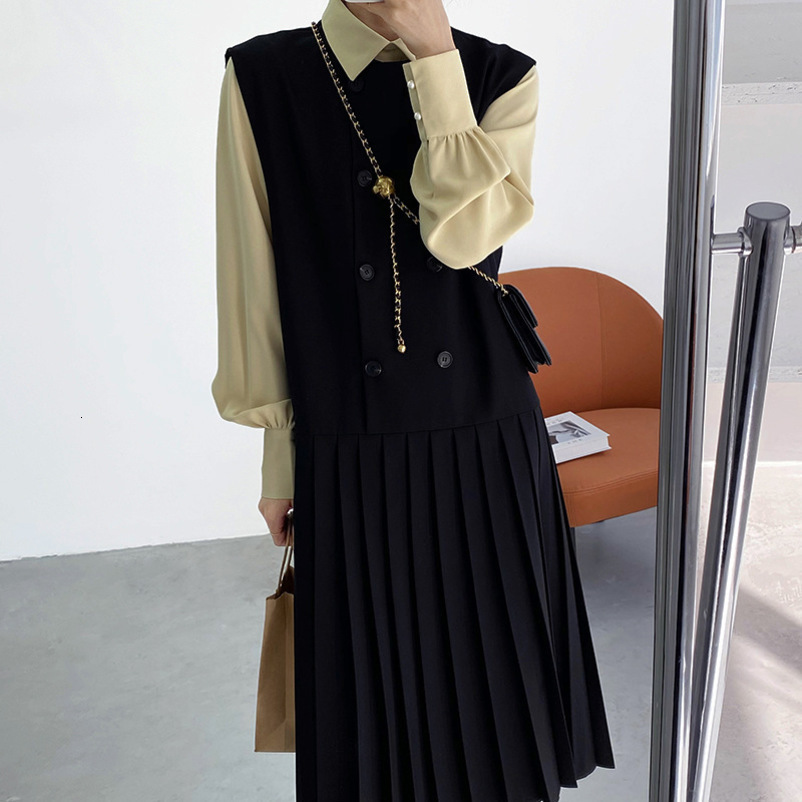 MATAKAWA Korea Black Pleated Woman Dress Sleeveless Vest Robe Women Loose Stitching Mid-length Vestidos + Shawl 210513