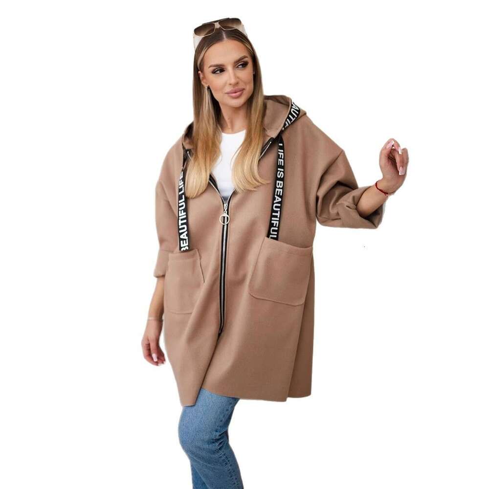 Autumn Winter New Hooded Sports Women's Plus Size Solid Color Casual Long Sleeve Zipper Woolen Coat