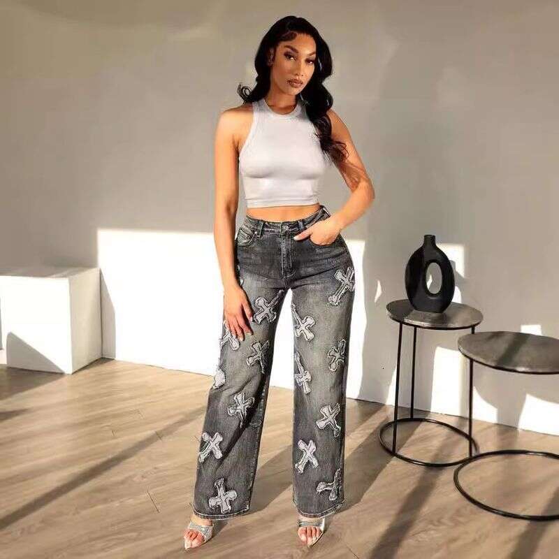 Women's Clothing Washed Denim Cross Hip Hop Straight Trousers