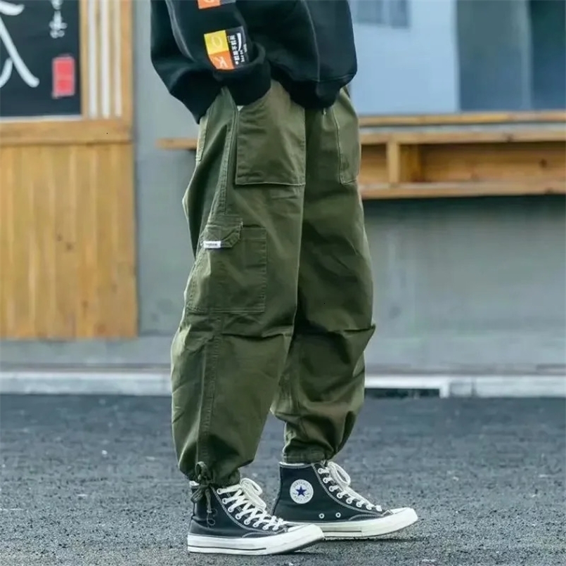 Japanese Style Cotton Cargo Pants Trendy Loose Fit Wide Leg Drawstring Ankle Pants Men Casual 250616