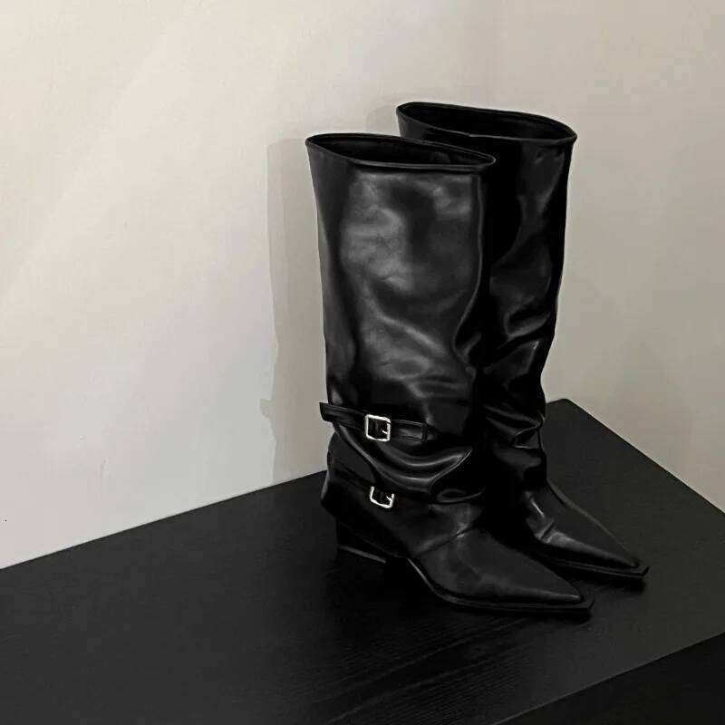 Designer Women's Spring Cosy Pointed Toe Woman Shoes Fashion Sexy Knee-High for Women Belt Buckle Thick Heel Boots