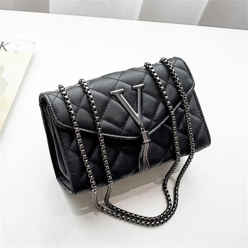 Black Handbags And Purse Women PU Leather Messenger Shoulder Bag Plaid Female Crossbody Tassel Quilted 240823ZYl