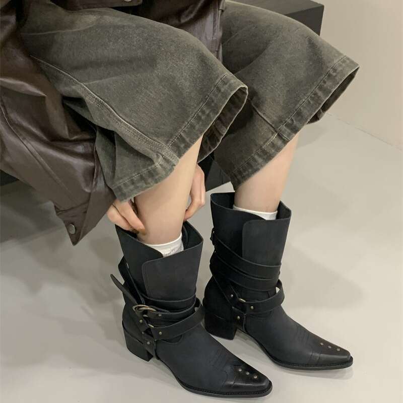 2025 Western Cowboy for Pointed Toe Chunky Heel Belt Buckle Rivet Mid-Calf Martin Women Boots