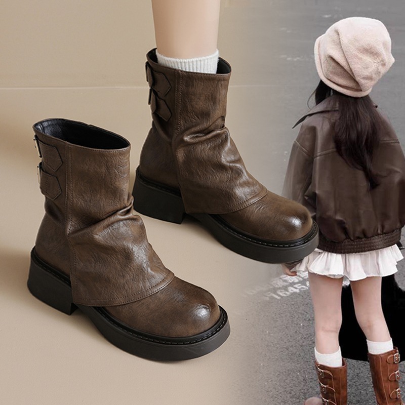 Spring and Autumn New Women's Thick soled Short Boots Retro Brown Short Boots Western Boots Flip up Boots Fashion Trend Children's Boots Des