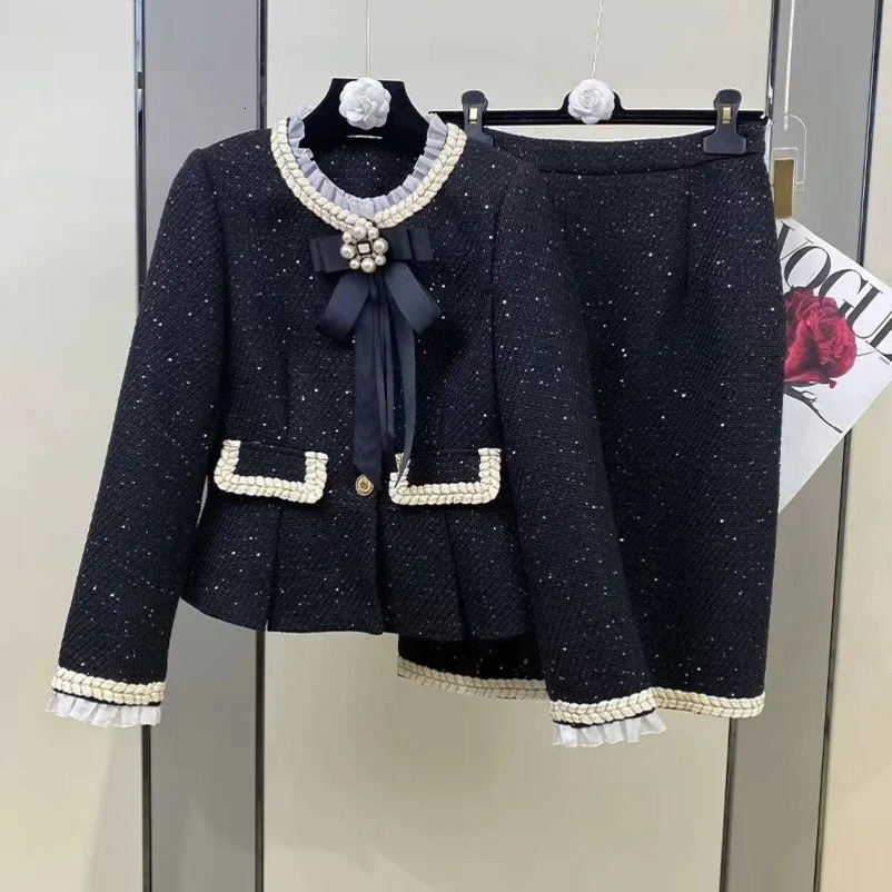 Ladies Elegant Chic Prom Party Suit Jacke Coat Top And Knee Skirt Two Piece Set For Women Outfit Winter Jacquard Vintage Clothes 240226wtt