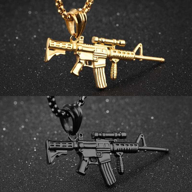 Men's hine Gun Pendant Necklace Hip Hop Punk Black Gold Color Stainless Steel Chain Retro Accessories Hippie Rapper Jewelry