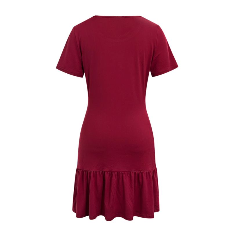Women's Short Sleeve Solid Red Ruffled Hem Dress - Milk Silk French Elegant Casual Dress-CF52791