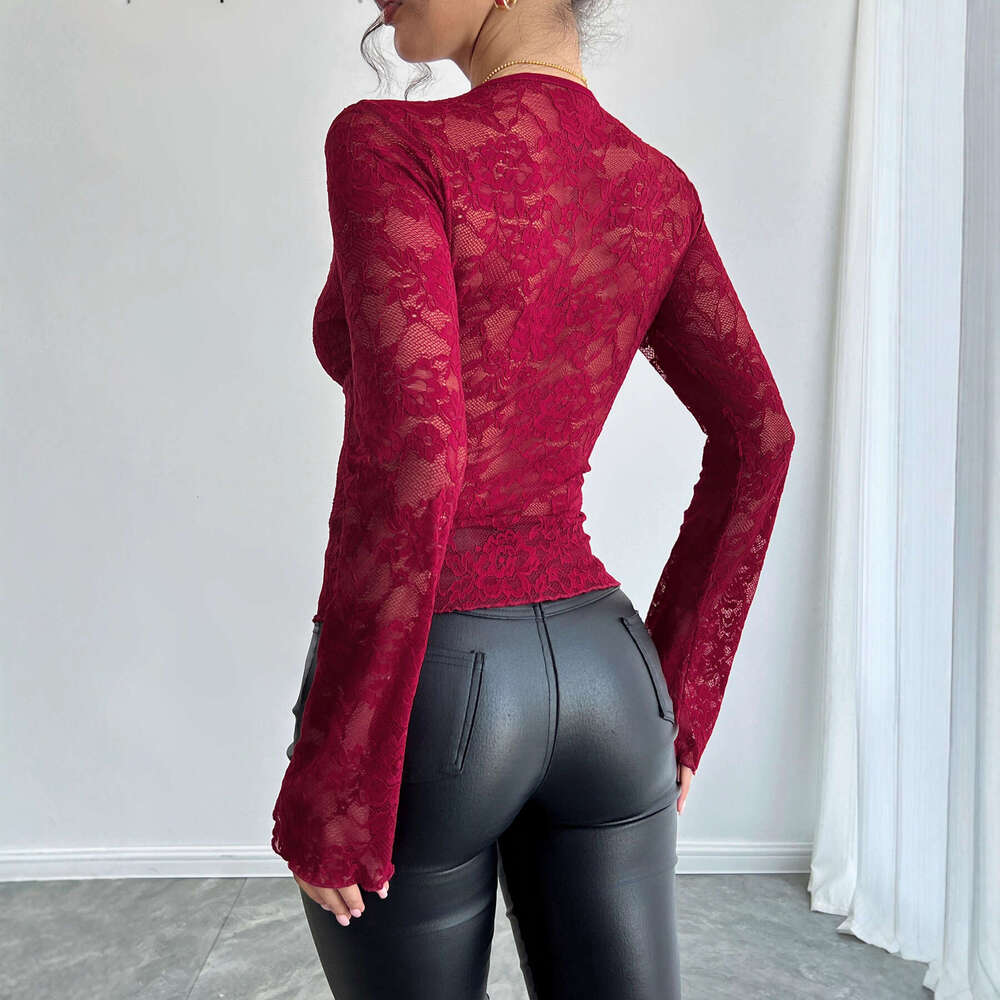 2025 Autumn Winter New Women's Solid Color Sexy Lace Slim V-neck Long Sleeve T-shirt Top