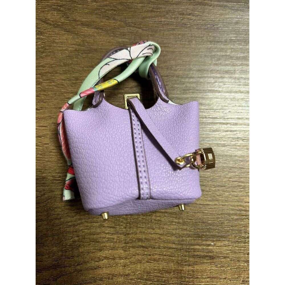 Home Mini Basket Bag Pendant Leather Car Keychain Cute Creative Earphone Case Handmade