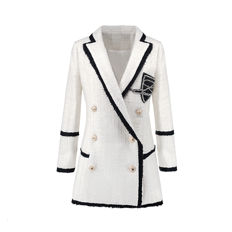 Plus Size XXXL Women High Street Long Jackets Runway Beading Double Breasted Solid Color White Slim Chic Blazers High Quality 201102