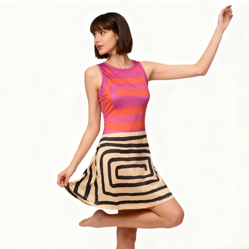 Women's Sleeveless Pattern Print Midi Dress - Spring Summer Casual Vacation Dress-CF51008