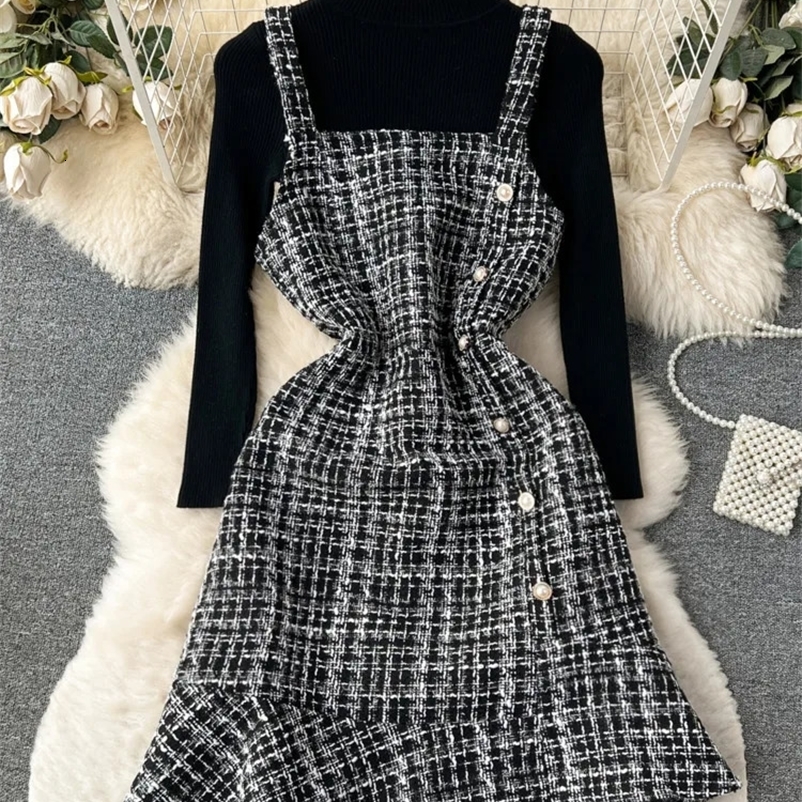 Autumn Korean Fashion Womens 2 Piece Sets Dress Suits White Stretch Sweater And Tweed Strap Mini Dresses Femme Outfits 240223