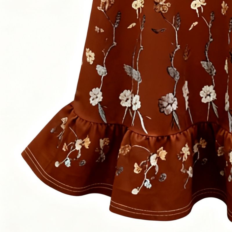 Women's Spring Summer Floral Print Ruffled Hem Midi Skirt - Elegant Vacation Light Brown Skirt-CF52851