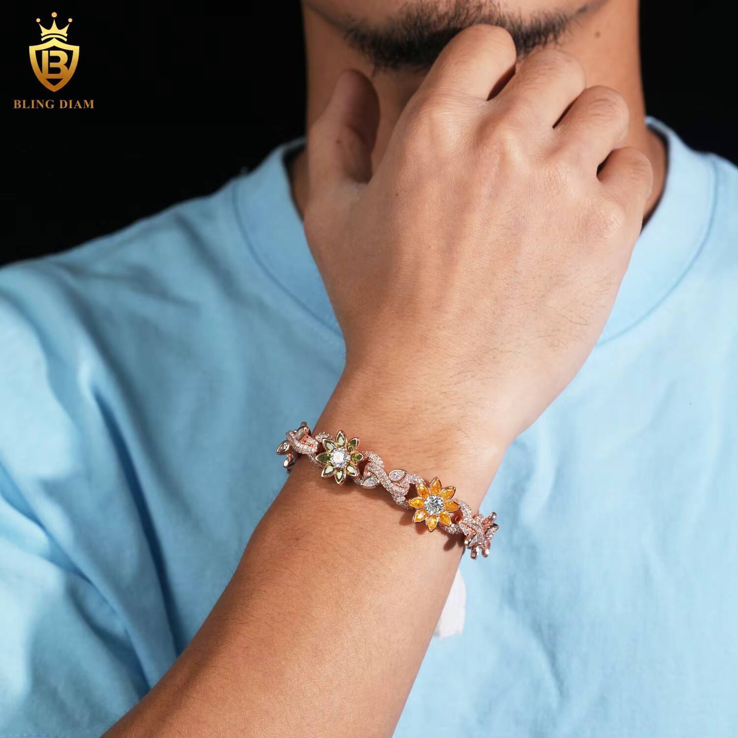 Silver 925 Gold Plated Pass Diamond Tester Hip Hop Jewelry Custom Colored Moissanite Cuban Link Chain Bracelet Men Jewelry