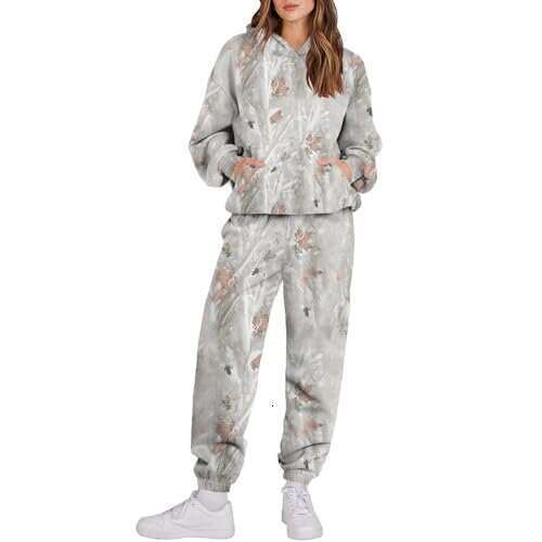 Women's Camouflage Leaf Sports Two-Piece Hooded Long Sleeve Sweatshirt and Sweatpants Set
