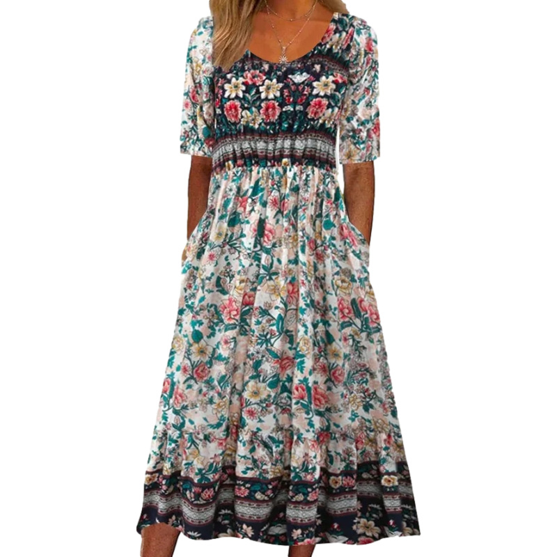 Summer new style women's round-neck short-sleeved long dress with Bohemian print, women's dress
