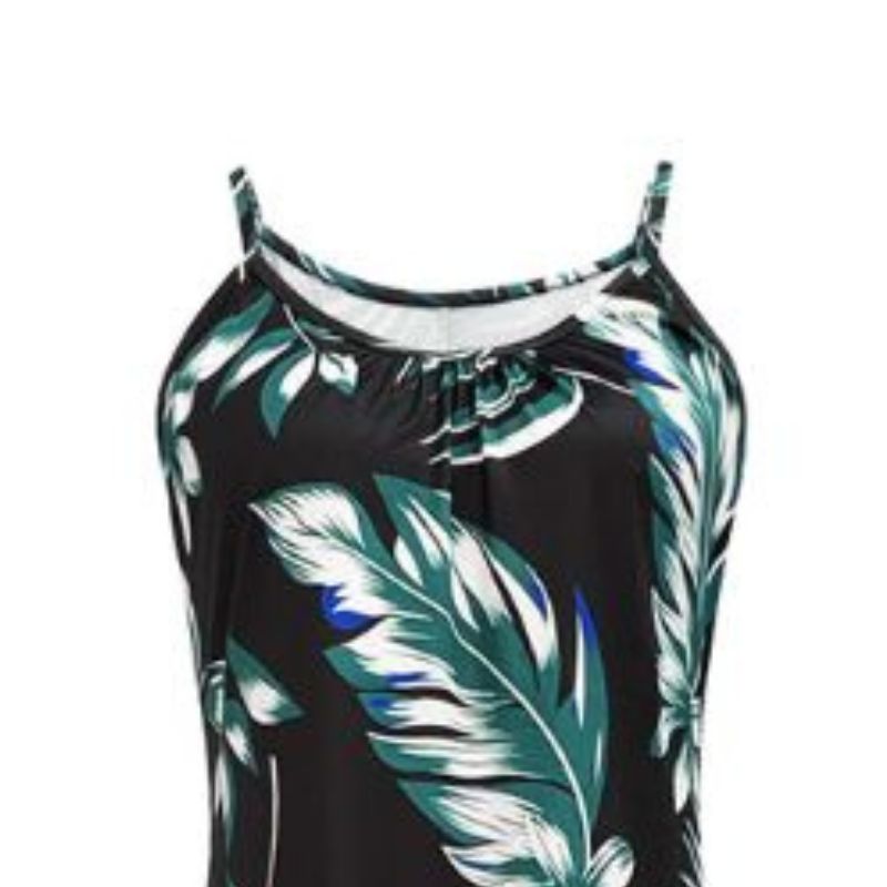Women's Spaghetti Strap Tropical Plant Print Maxi Dress - Milk Silk Casual Vacation Black Dress-CF52273
