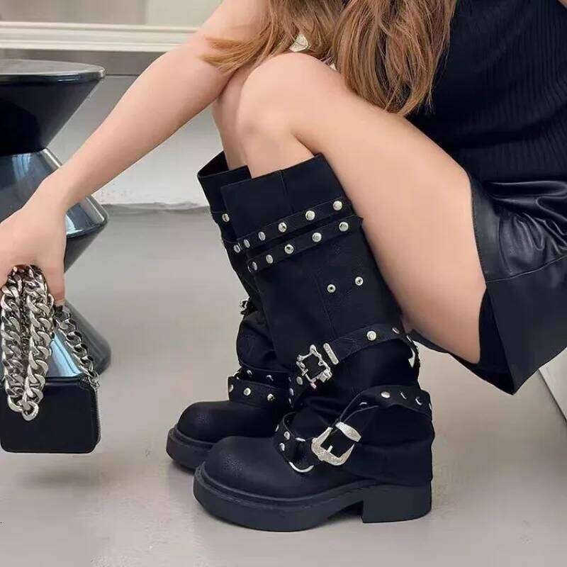 Women Platform Trouser Legs High Boots Trend Punk Gothic New Rock Leather Fashion Women's Shoes Motorcycle Footwear