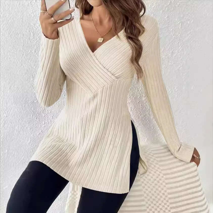 Women's Clothing Autumn Winter New Long Sleeve Solid Color V-Neck Casual Home Ribbed Top