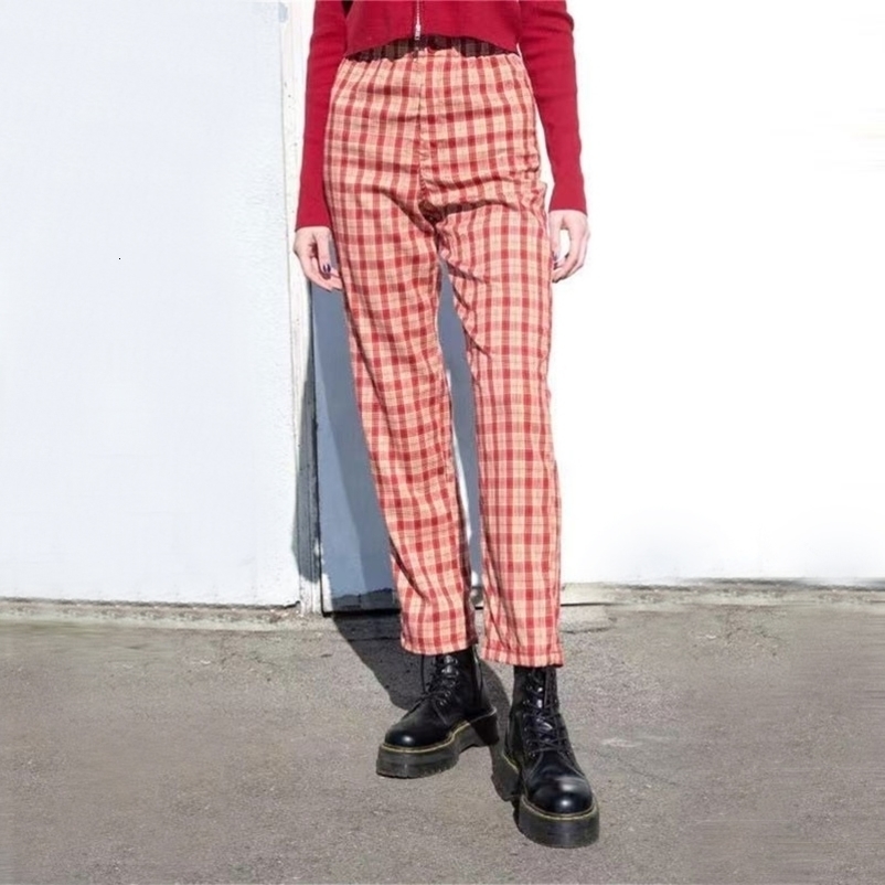 Women High Rise Elasticated Waist Checked Straight Pants 201111