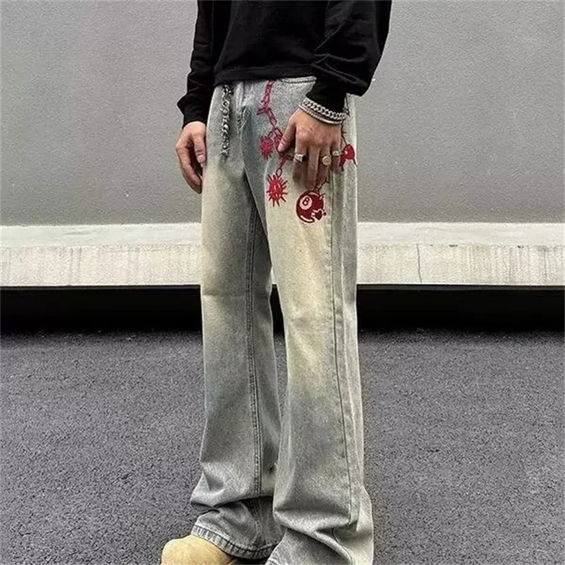 Chain Meteor Hammer Print Baggy Jeans For Men Y2K Vintage Wide leg Denim Trousers High Street Washed Distressed 250306wtt