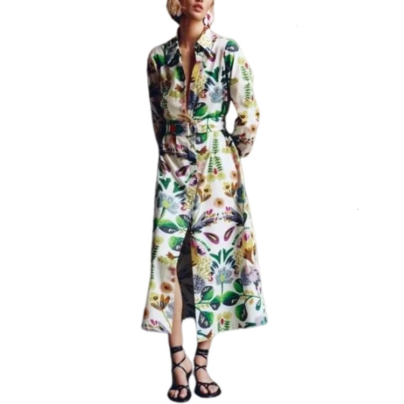 Womens Long Sleeved Dress Flower Printed Shirt Style Slimming Waist Belt Decorating Temperament 240715