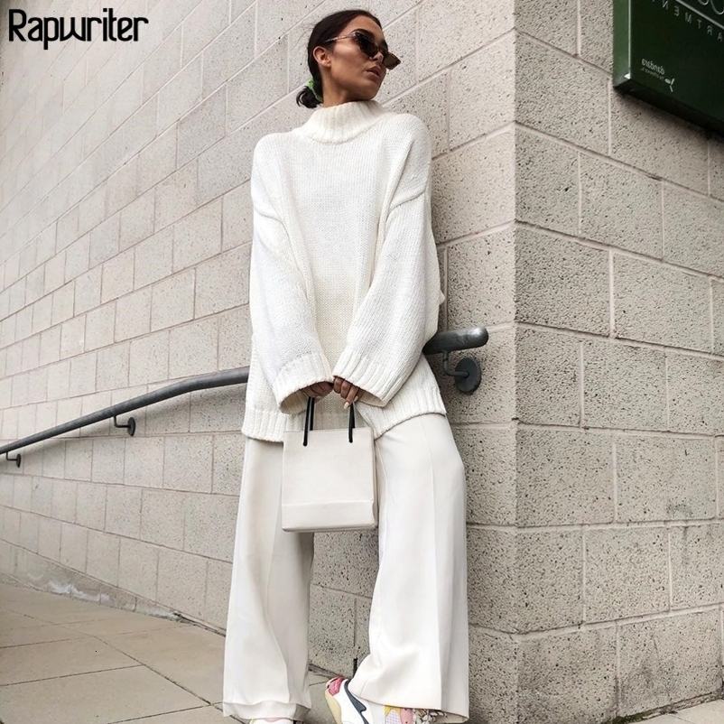 Rapwriter New Women's Autumn Winter Knitted Long Sweaters Women Oversize Pullover Turtleneck Solid Minimalist Loose Tops 201023