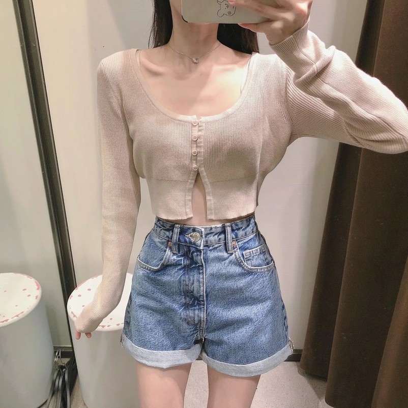 Women Fashion Solid Long Sleeve Cardigan Spring Square Colalr Crop Knit Top Buttons Short Sweater Elegant Female Chic Tops 210521wtt