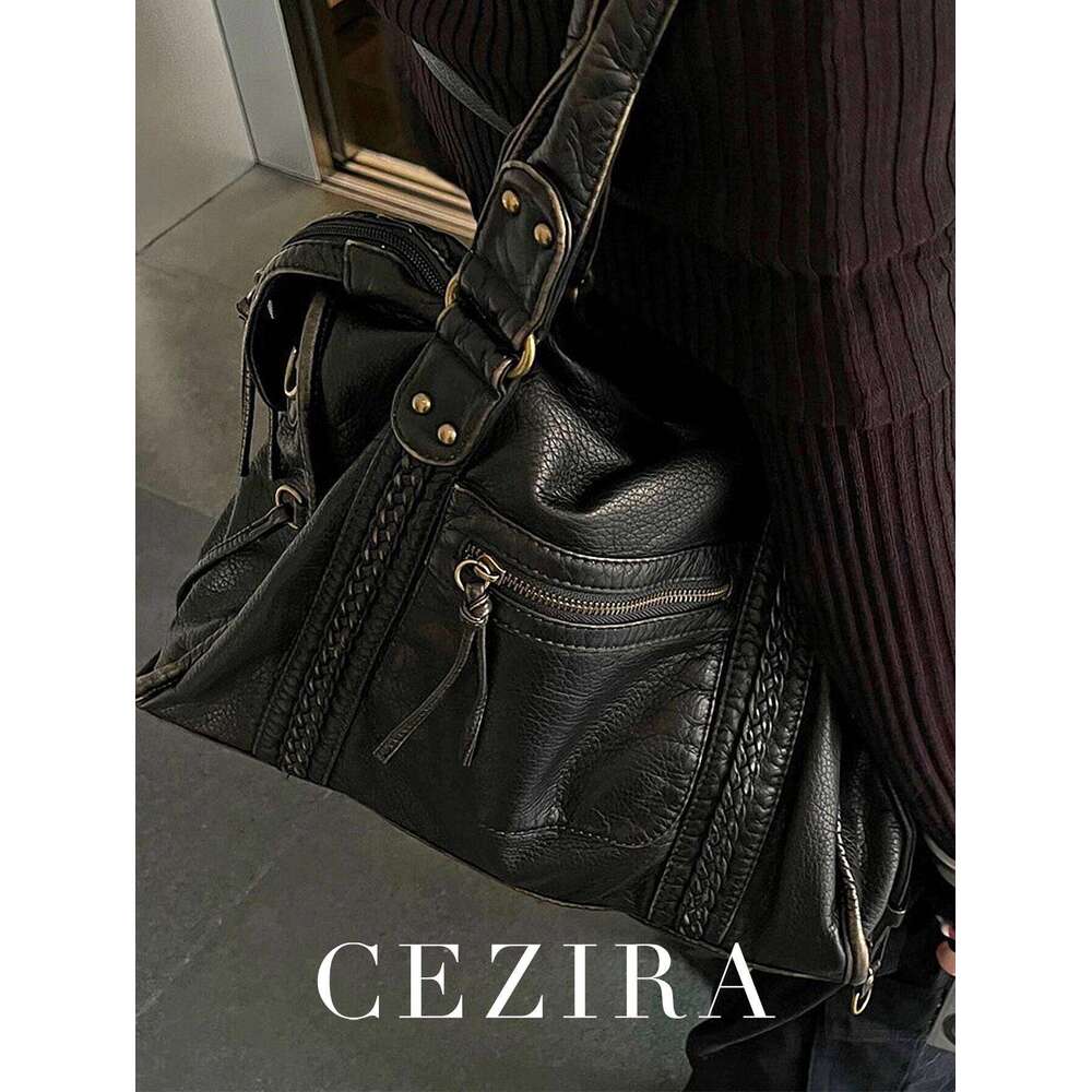 Vintage Washed PU Leather Large Capacity Tote Zip Pockets Braid Decor Shoulder Cross body Bag Unisex Women Daily Travel Handbag