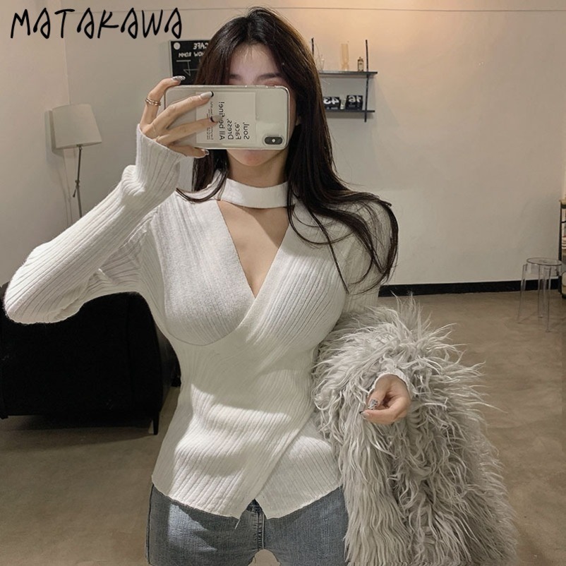 MATAKAWA Bottoming Top Korean Style Solid Woman Sweaters V-neck Halter Slim Knit Sweater Women 210513