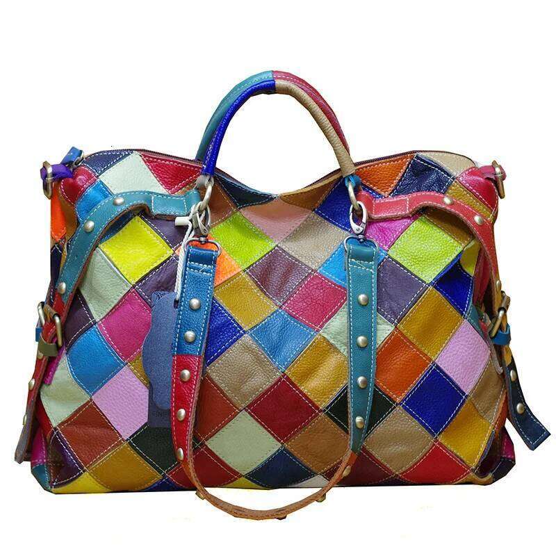 Leather cowhide random plaid color national style handbag shoulder crossbody Tote bag