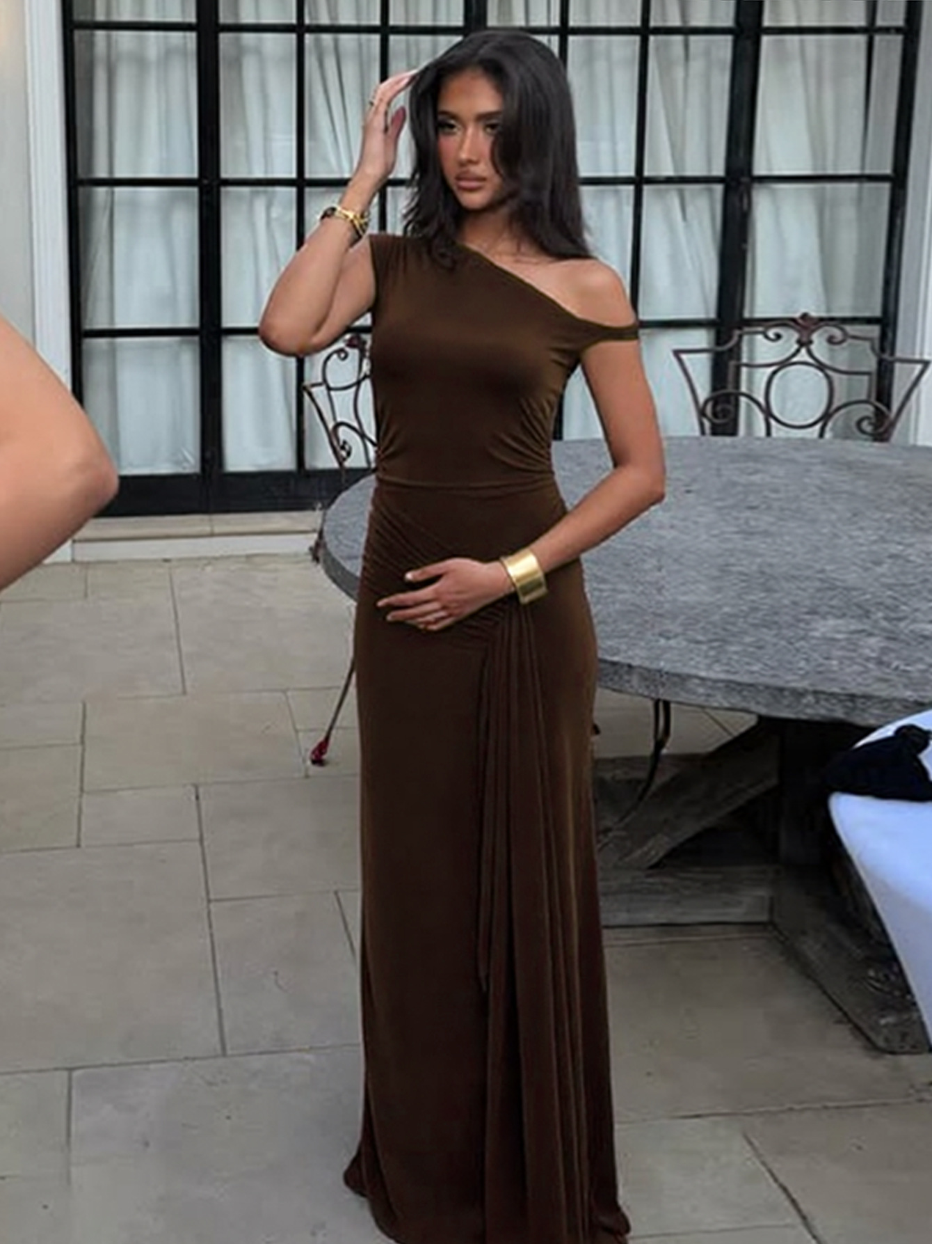 T24027 White dress summer new fashion slim fit oblique collar sleeveless strap solid color dress