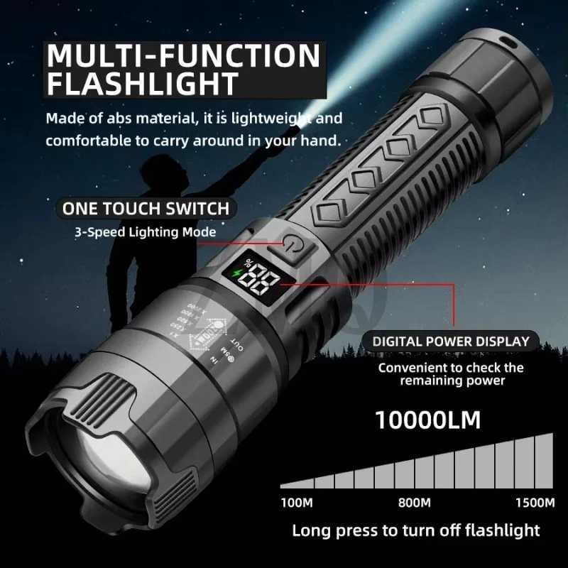 Ultra Bright LED Flashlight 2000LM TypeC Rechargeable Long Range Zoom Tactical Torch Outdoor Emergency Camping Fishing Lantern D2509281