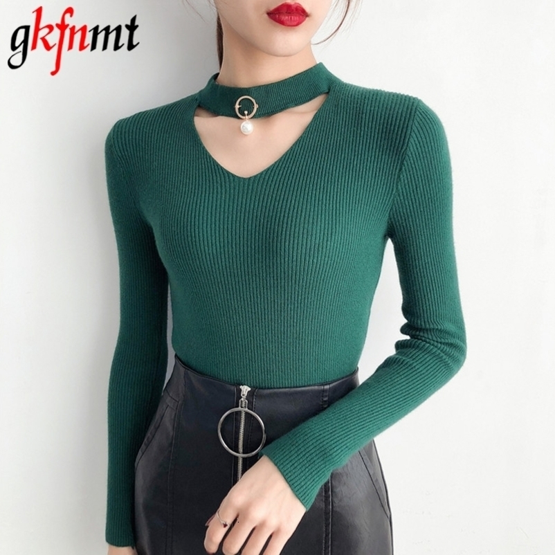 Korean Sweaters For Women Basic High Elastic Knitted Sweater Woman Sexy V-Neck Pullovers Long Sleeve Slim Soft Pull Femme 201023