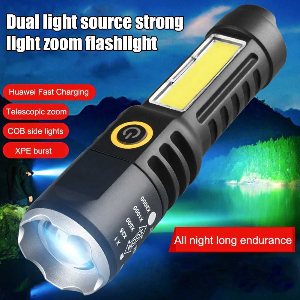 Mini LED Flashlight COBXPE Portable Torch TypeC USB Charging Telescopic Zoom Waterproof Camping Flashlight with Side Light D250928
