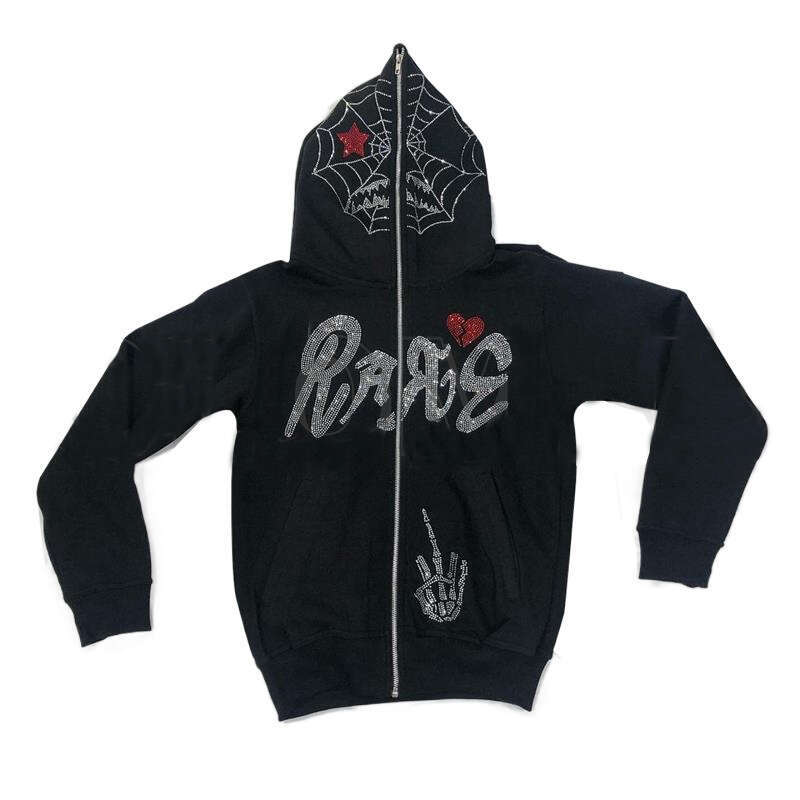 Printed Rhinestone Hooded Cardigan Zipper Loose Unisex Trendy Sweatshirt Jacket