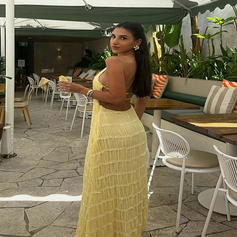 Elegant Pleated Halter Long Dresses Women Retro Sexy Slim Sleeveless Backless Beach Dress Female Chic Party Holiday Vestidos 250611