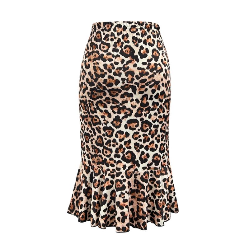 Women's Leopard Print Elastic Waist Midi Skirt - French Style Ruffled Hem Vacation Skirt-CF50621